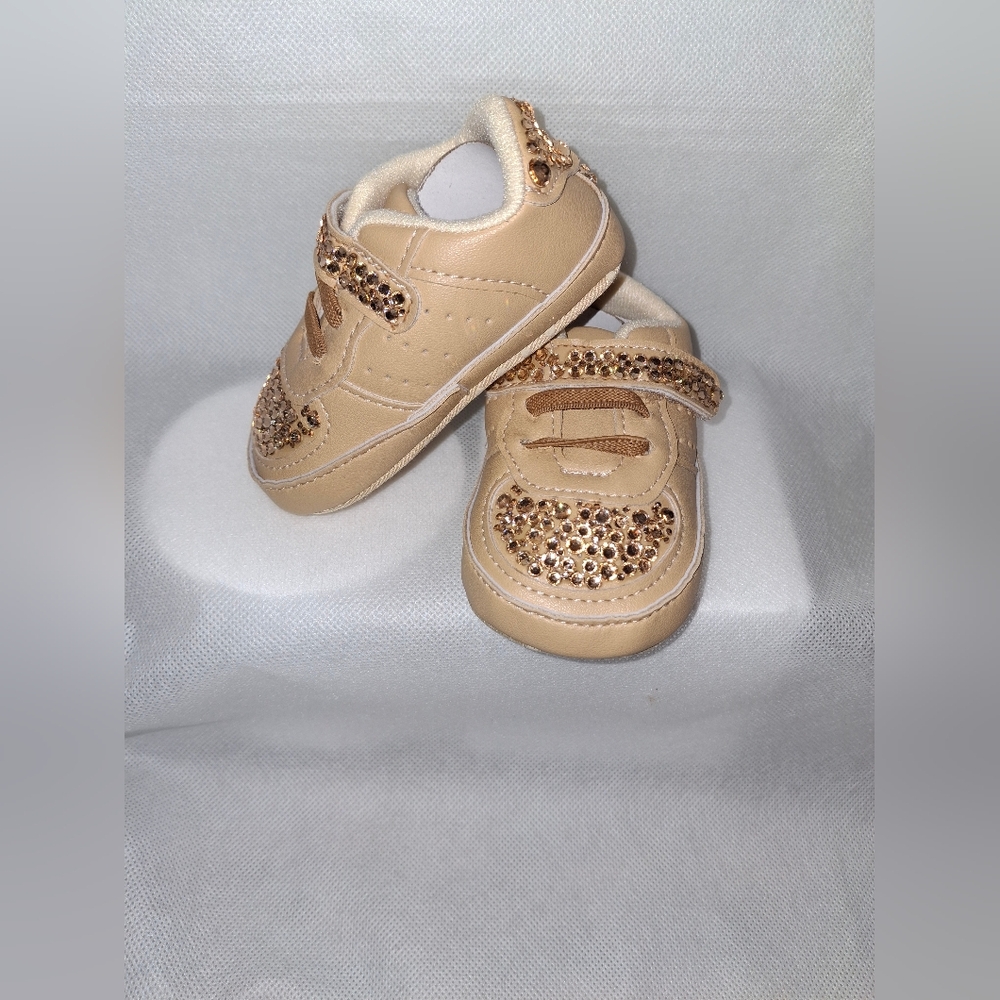 Stylish Tan Baby Walker Shoes.  Hand Embellished With Champagne Rhinestonrd